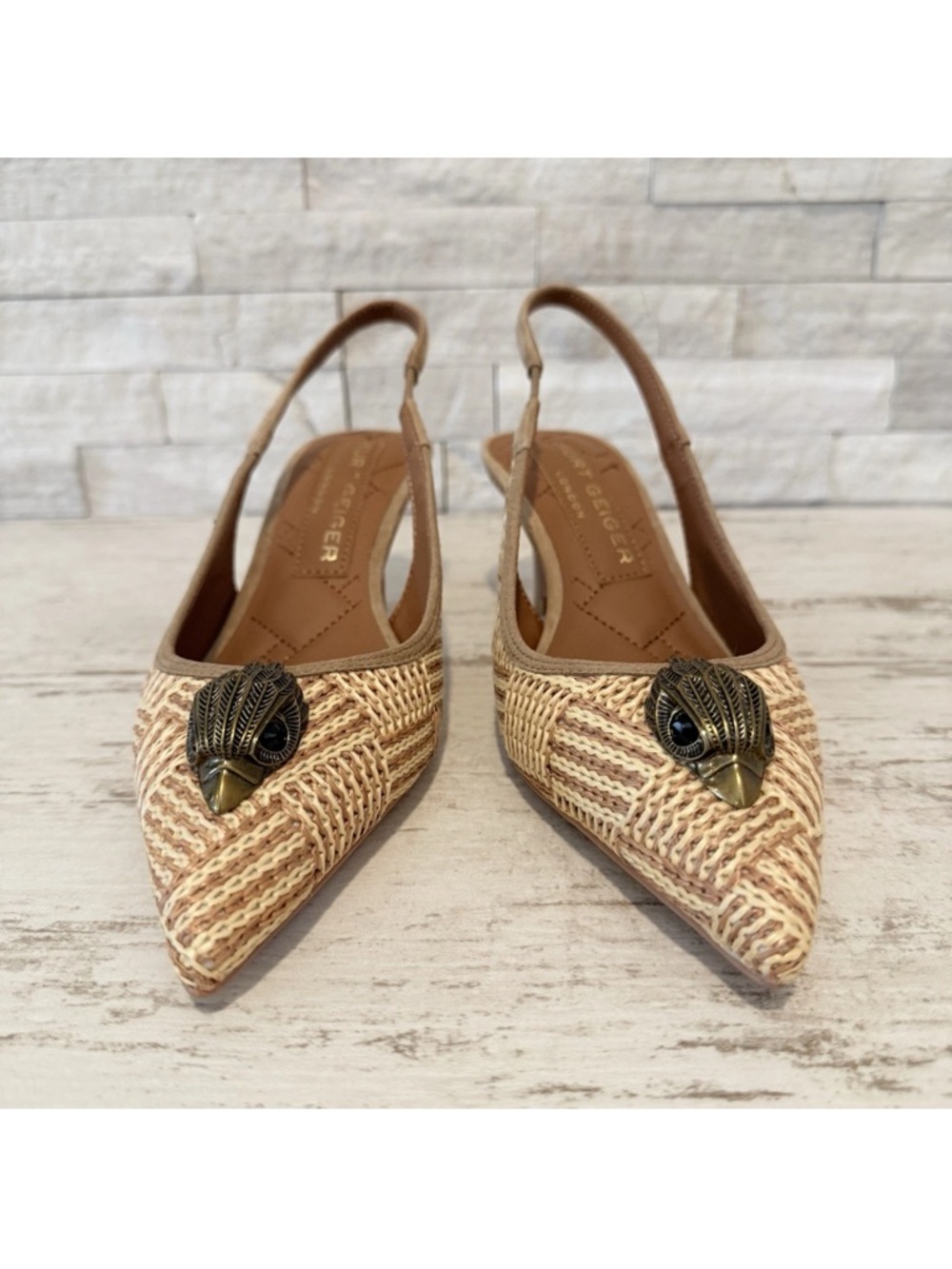 Kurt Geiger London Belgravia Slingback Raffia Woven Heels Beige Combo Size 36 EU - Picture 3 of 15